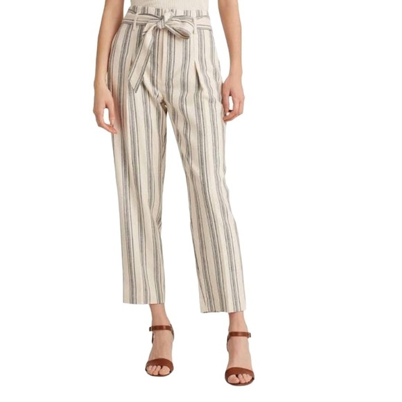 LAUREN RALPH LAUREN NWT Linen Blend Tie High Waist Pants Size 4 in Blue Stripe - Picture 3 of 15